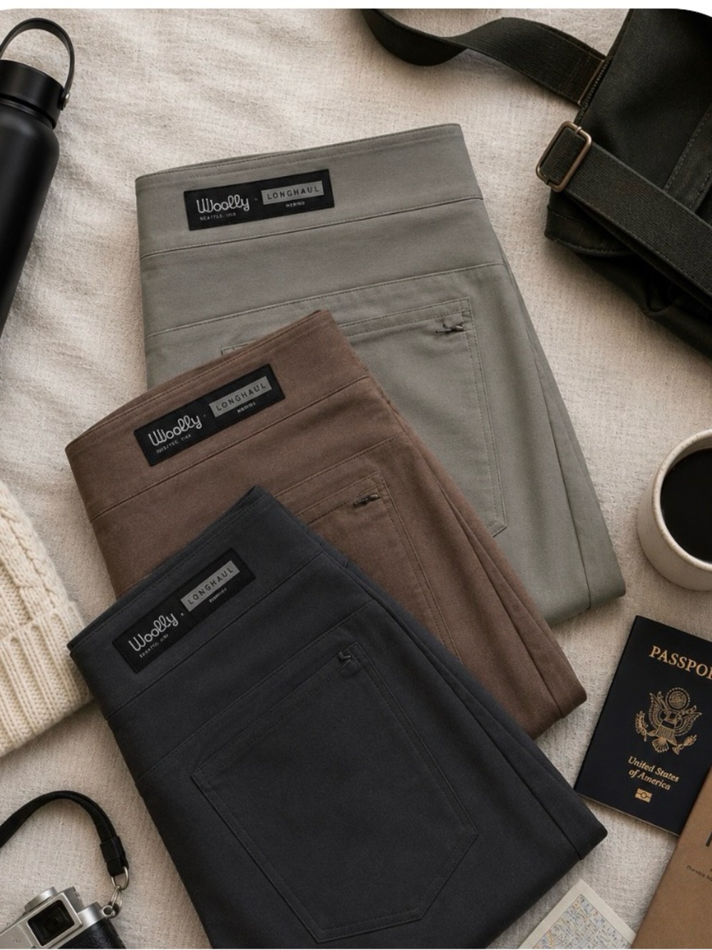 Woolly Longhaul Flex Merino wool blend tech travel hiking carryon Pant brown 4 - Picture 3 of 7